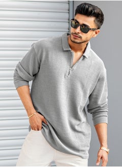 Maniac Mens Textured Polo Neck Full Sleeve Half Zipper Light Grey Cotton T-Shirt - pzsku/Z2F95343B500F51515DB8Z/45/_/1739024715/adc809b1-3fbd-4892-ac9b-fe1ce770118c