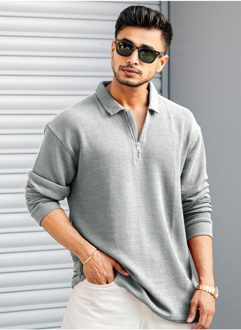 Maniac Mens Textured Polo Neck Full Sleeve Half Zipper Light Grey Cotton T-Shirt - pzsku/Z2F95343B500F51515DB8Z/45/_/1739024745/465ec8d1-e486-48ab-aa30-fd481548b1d5