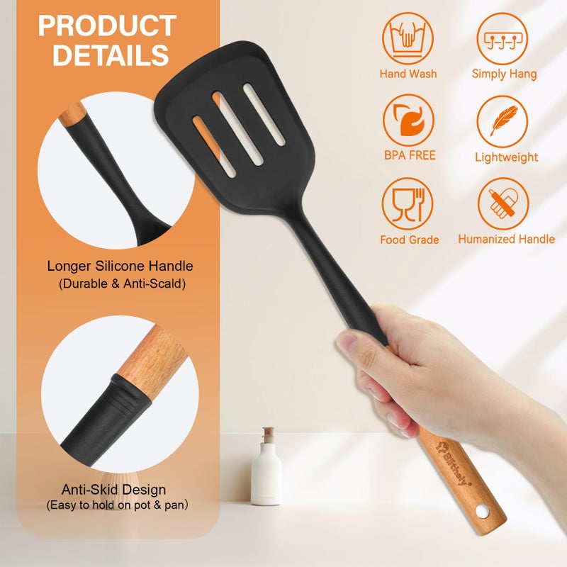Blithely Large Silicone Cooking Utensils Set, 10Pcs Nonstick Kitchen Utensil Set with Wooden Handle, Heat Resistant Silicone Utensils for Cooking, BPA Free Spatula Set with Turners Spoon Ladle Skimmer(Black) - Image 4