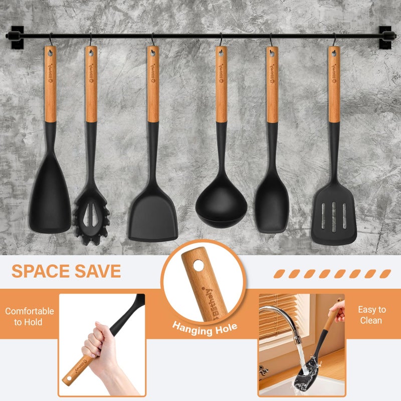 Blithely Large Silicone Cooking Utensils Set, 10Pcs Nonstick Kitchen Utensil Set with Wooden Handle, Heat Resistant Silicone Utensils for Cooking, BPA Free Spatula Set with Turners Spoon Ladle Skimmer(Black) - Image 5