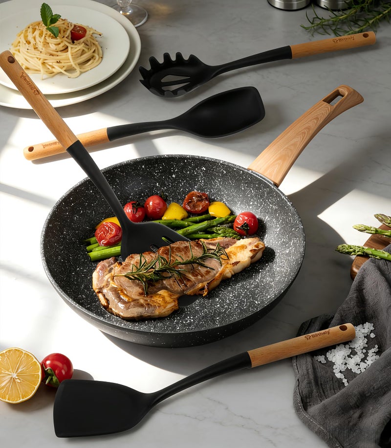 Blithely Large Silicone Cooking Utensils Set, 10Pcs Nonstick Kitchen Utensil Set with Wooden Handle, Heat Resistant Silicone Utensils for Cooking, BPA Free Spatula Set with Turners Spoon Ladle Skimmer(Black) - Image 2