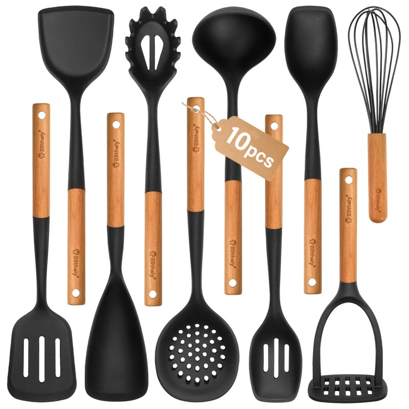 Blithely Large Silicone Cooking Utensils Set, 10Pcs Nonstick Kitchen Utensil Set with Wooden Handle, Heat Resistant Silicone Utensils for Cooking, BPA Free Spatula Set with Turners Spoon Ladle Skimmer(Black) - Image 1