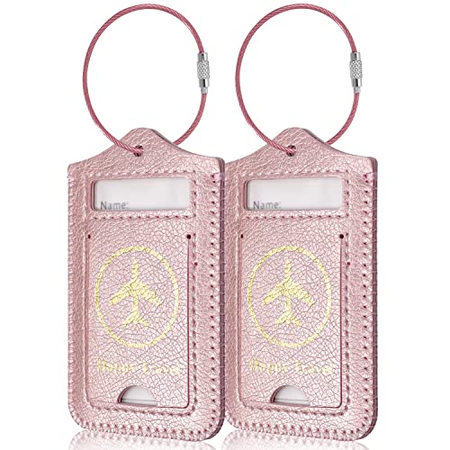 ACdream Luggage Tags 2 Pack, Leather Suitcase Tags Identifiers, Cute Cruise ID Labels with Privacy Cover fits on Backpack, Travel Bag, for Women, Men, Adults, Kids, Rose Gold - Image 1