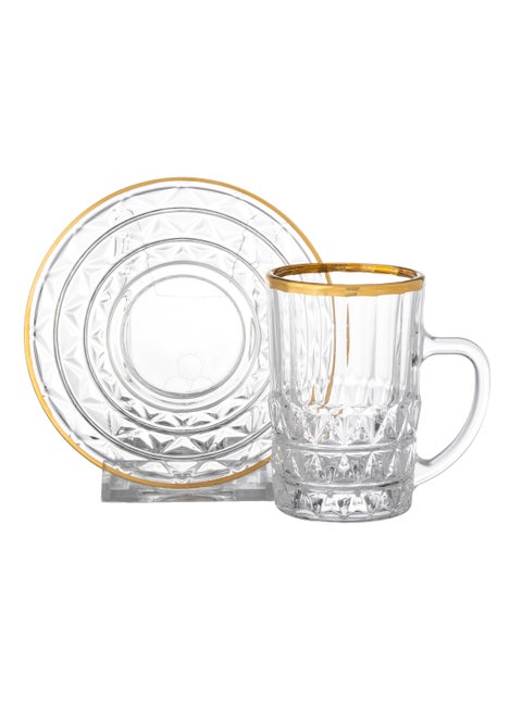 A set of glass tea cups with a golden line, 12 pieces (6 cups + 6 saucers)