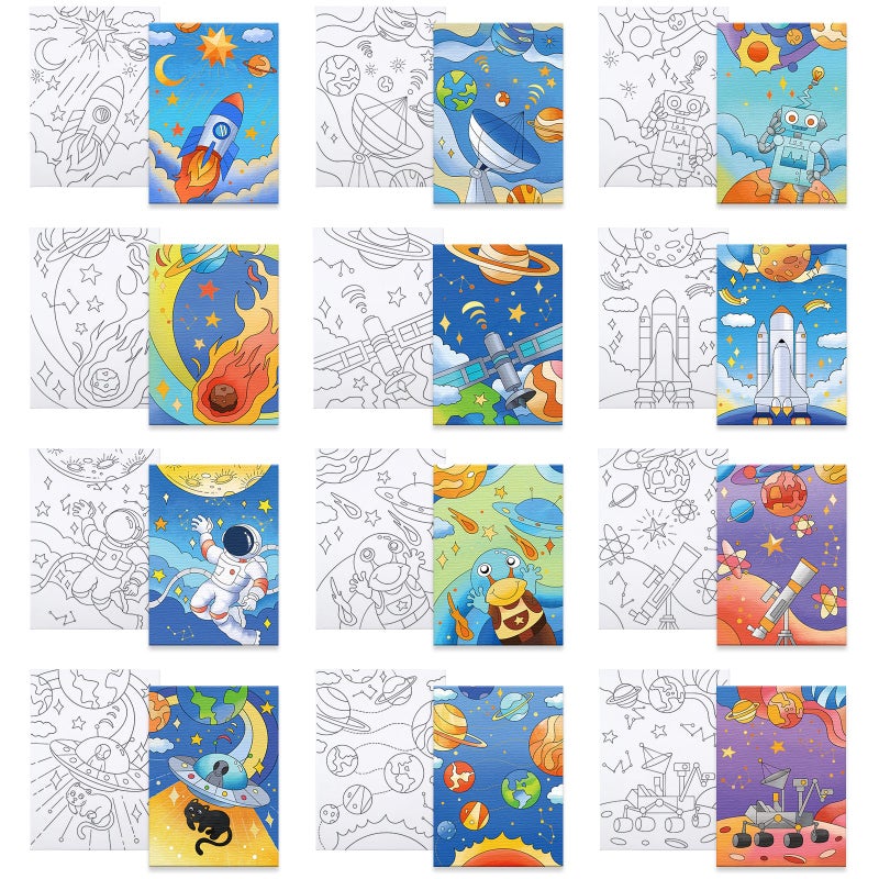 12 Packs Pre Drawn Canvas to Paint Space Party Favors Pre Printed Canvas Pre Stretched Canvas Outline Painting Boards for Beginners Party Favor 5 X 7
