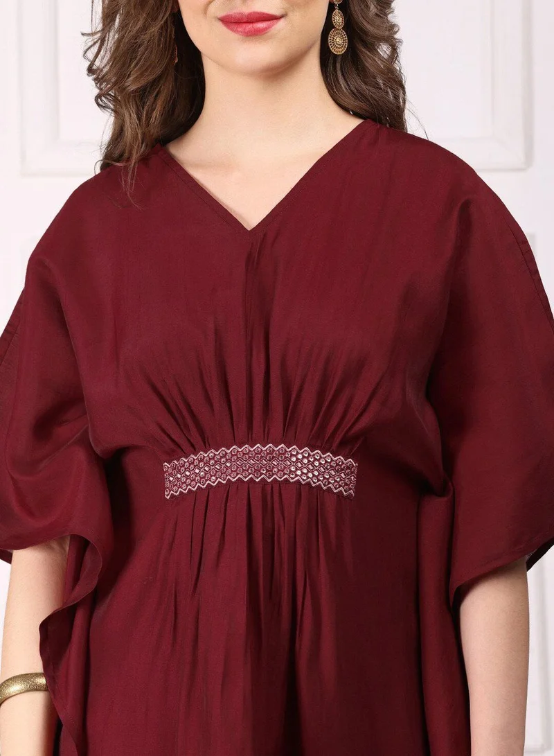 ISHIN Women'S Maroon Viscose Silk Self Design Full Length Palazzo Kurta Set