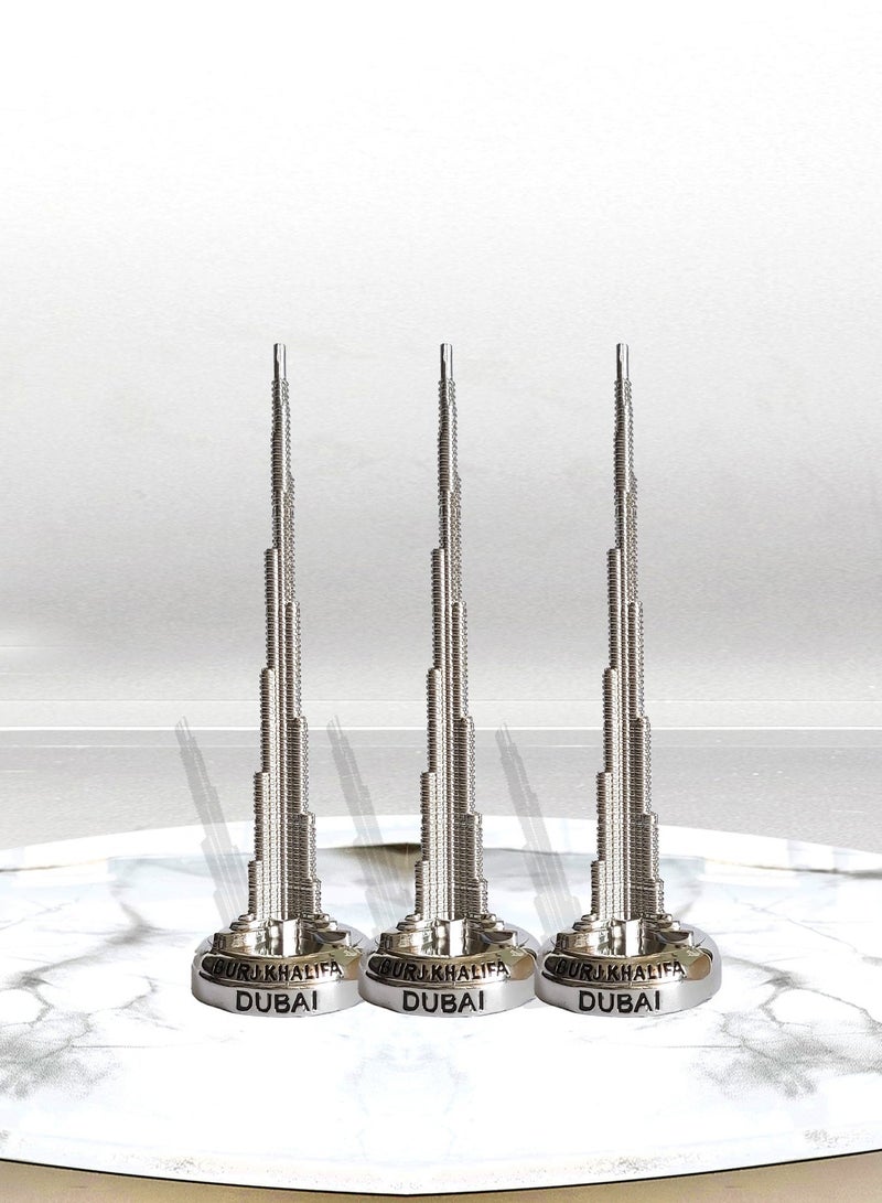 سوق الهدايا التذكارية تذكارية سوق معدني برج خليفة 3 قطع 12 سم فضي مصقول - Image 1