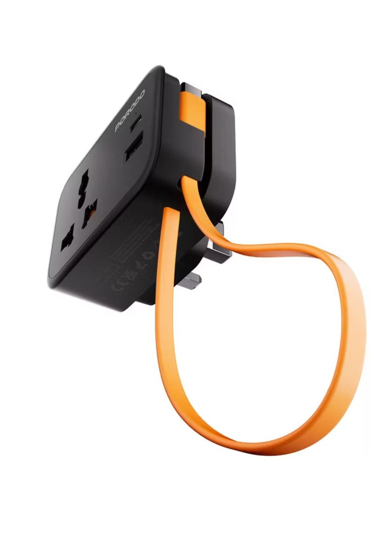 بورودو مقبس حائط عالمي مع كابل USB-C مدمج بطول 30 سم، شحن متزامن، 20 واط PD، 18 واط QC، مادة مقاومة للحريق، حماية من الصمامات، قابس ثلاثي الدبابيس في المملكة المتحدة - أسود  - Image 1