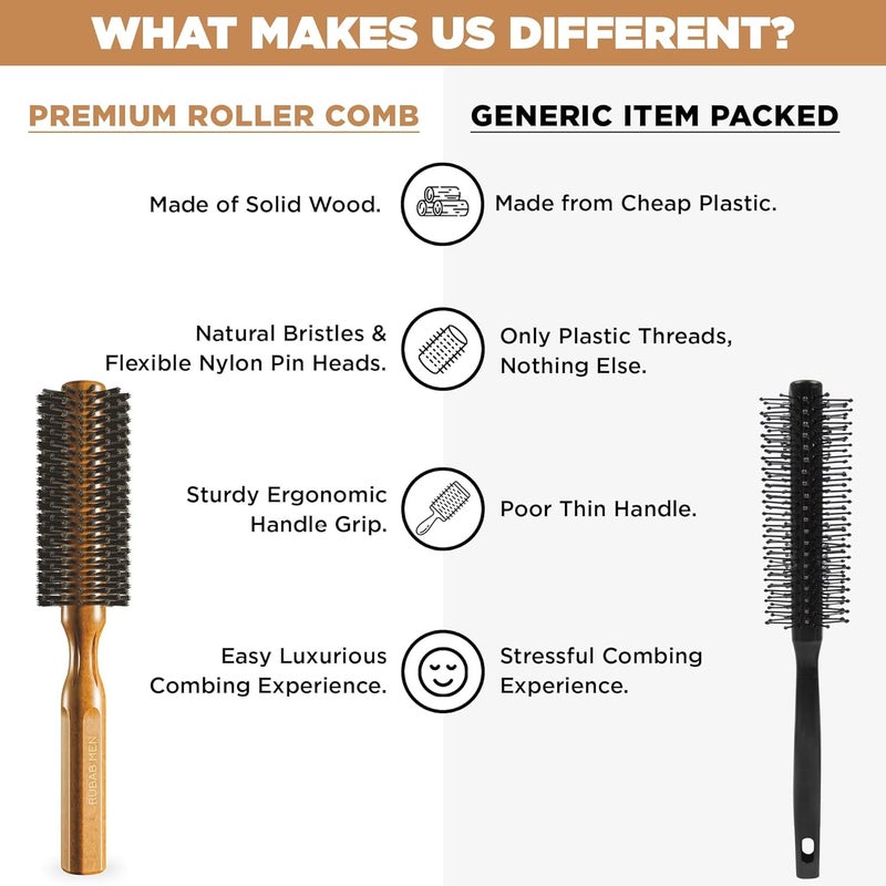روباب مين مشط شعر دائري من بريميوم بشعيرات طبيعية + دبابيس تدليك فروة الرأس الناعمة + مقبض خشبي متين | فرشاة شعر أسطوانية للتمليس، الحجم، التجعيد، التجفيف بالهواء والتصفيف للرجال والنساء - Image 5