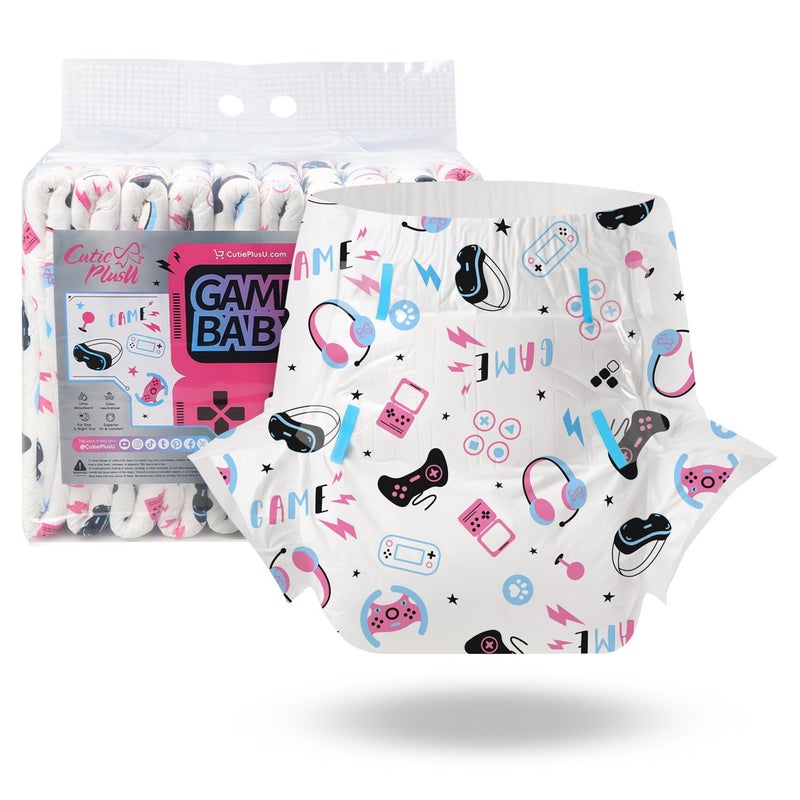 CutiePlusU Adult Diapers 10 Pieces, Game Baby Disposable Incontinence Briefs with Tabs for Women and Men, Maximum Overnight Absorbency (Large 37"-47") - Image 1