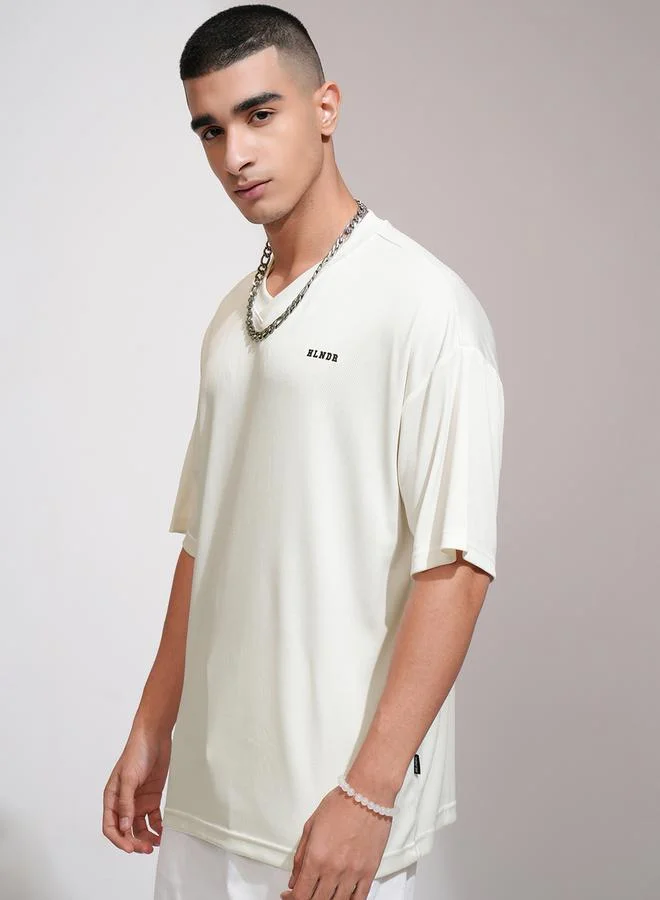 HIGHLANDER HIGHLANDER Solid Embroidered V-Neck Oversized T-Shirt