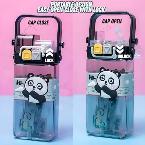 Elecart Dino Kid's Cartoon Water Bottle with Adjustable Strap – Cute Double Drinking Straw Cup | Leak-Proof, Portable Tumbler – 500ML – Perfect for School & Outdoor Fun (Black Panda) - Image 3