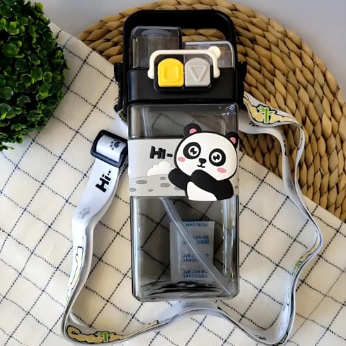 Elecart Dino Kid's Cartoon Water Bottle with Adjustable Strap – Cute Double Drinking Straw Cup | Leak-Proof, Portable Tumbler – 500ML – Perfect for School & Outdoor Fun (Black Panda) - Image 1