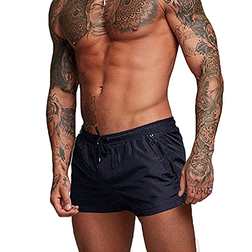 Rexcyril Men's Athletic Gym Workout Shorts 3 Inch Quick Dry Running Bodybuilding Short Shorts with Liner and Zipper Pockets, Navy, Small - Image 1