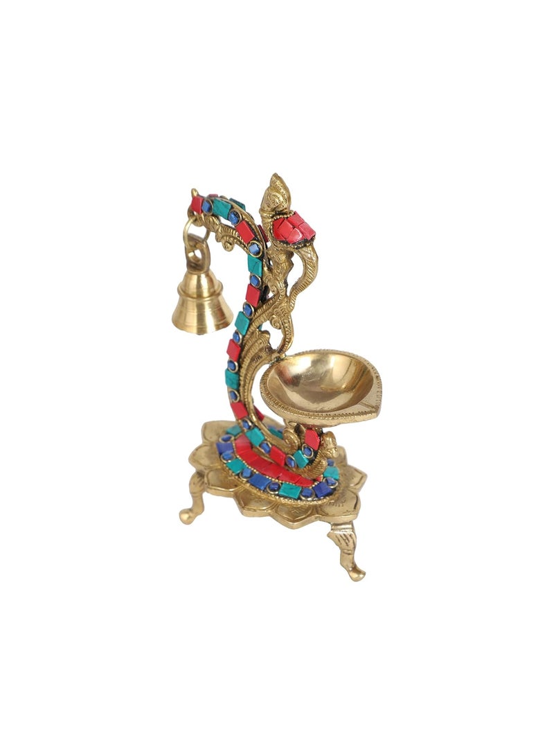 Two Moustaches Gemstone Work Ethnic Carved Peacock Design 100% Pure Brass Diya with Bell , Brass Antique Oil Lamp, Diyas for Home , Size - 8 Inches , Standard , Pack of 1 - Image 2