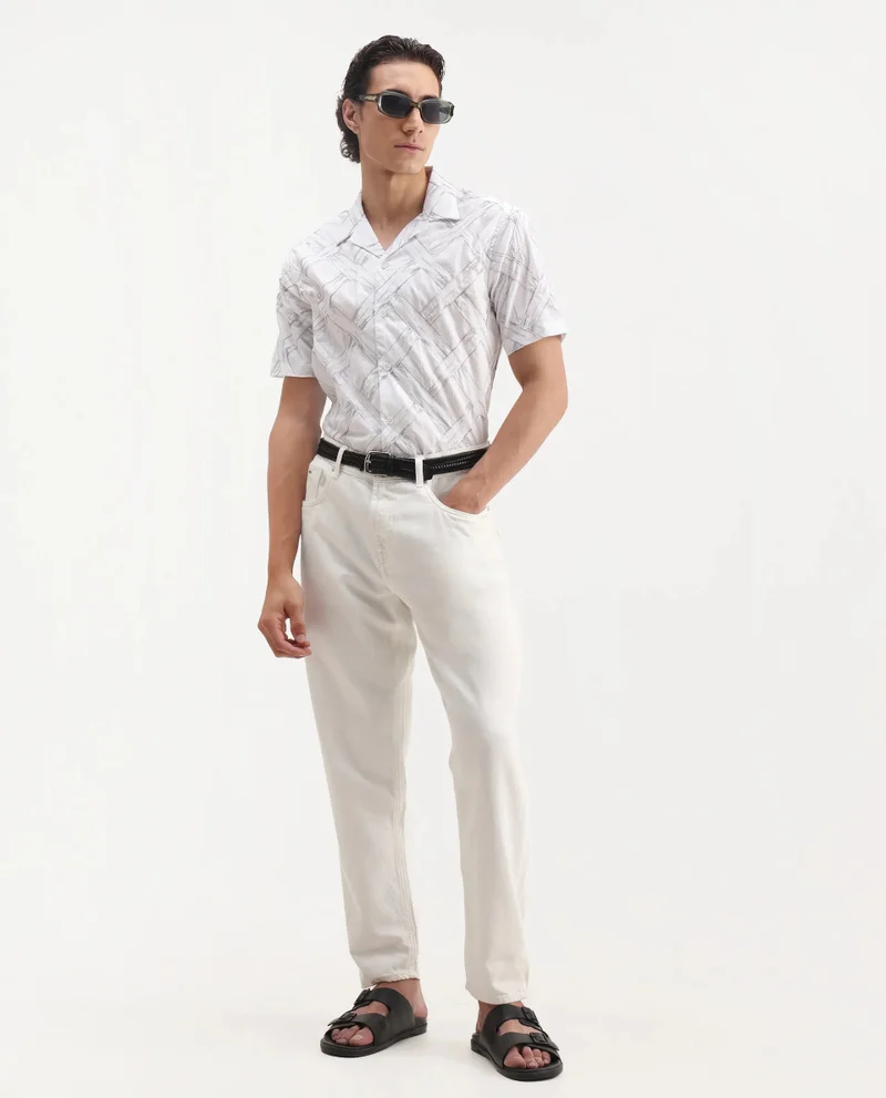 Rare Rabbit Rare Rabbit Men's Lina White Cotton Fabric Short Sleeve Cuban Neck Button Closure Embroidered Shirt