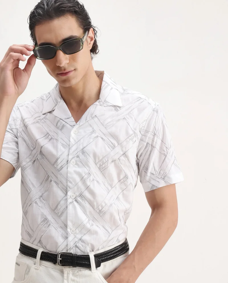 Rare Rabbit Rare Rabbit Men's Lina White Cotton Fabric Short Sleeve Cuban Neck Button Closure Embroidered Shirt