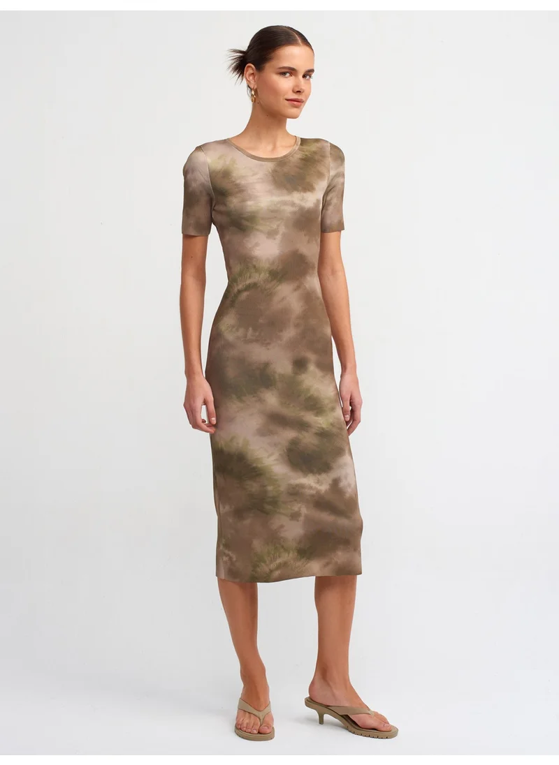 ديلفين 90186 Crew Neck Short Sleeve Printed Knitwear Dress-Khaki