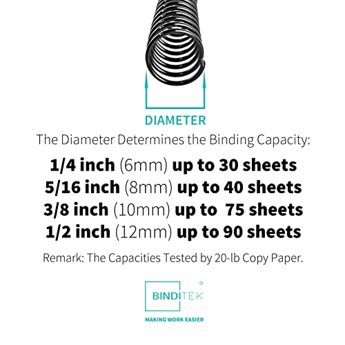 Binditek 100 Pack Plastic Spiral Binding Coils, Multi Size (6mm, 8mm, 10mm, 12mm) (1/4", 5/16", 3/8", 1/2"), 4:1 Pitch, Black, for Students and Coworkers - Image 2