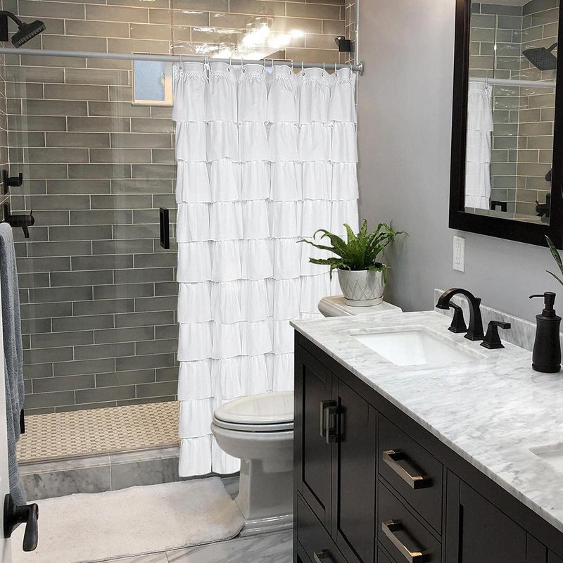 Volens White Shower Curtain Fabric Ruffle for Bathroom,70in Long - Image 2