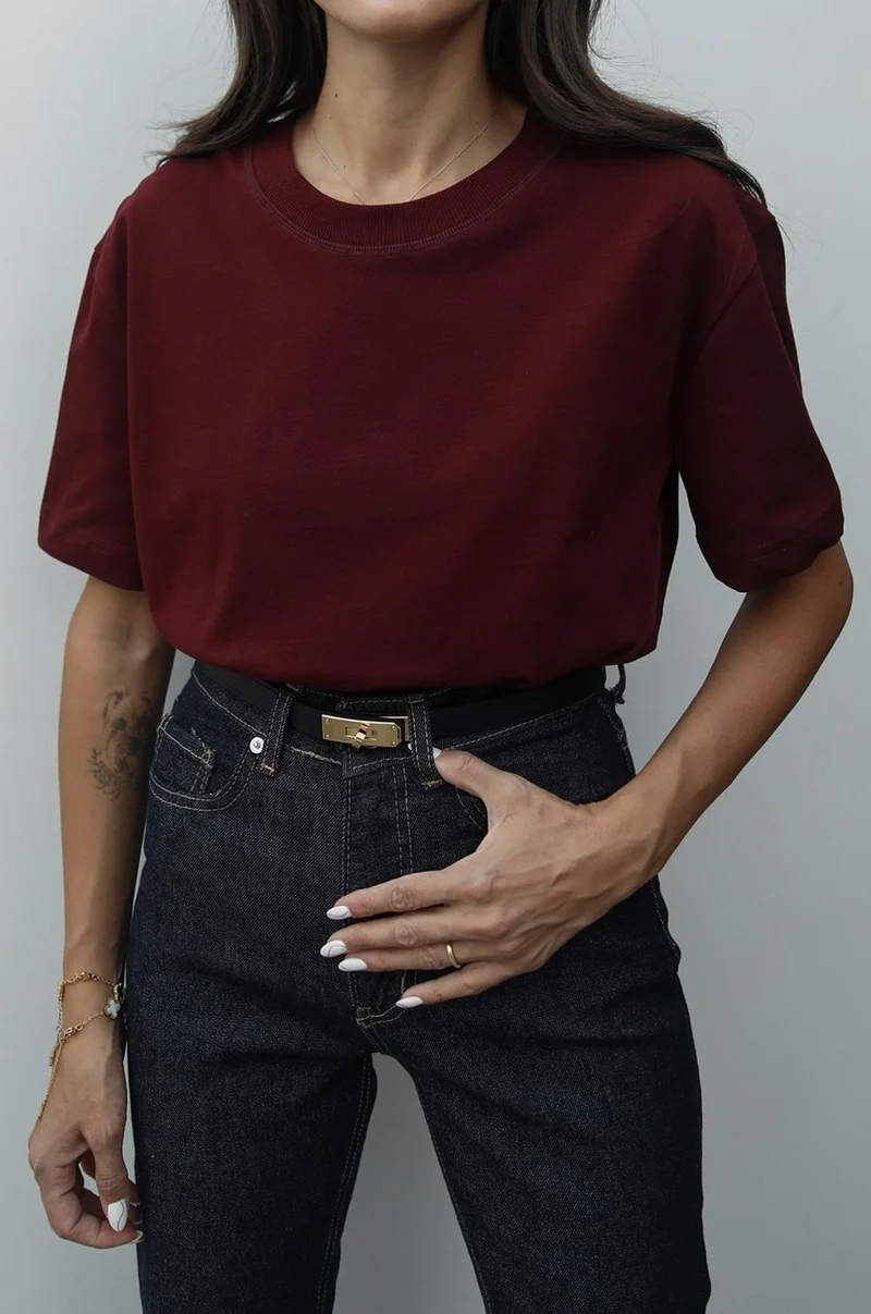 Havoş Claret Red Decorative Stitched Solid Texture T-Shirt