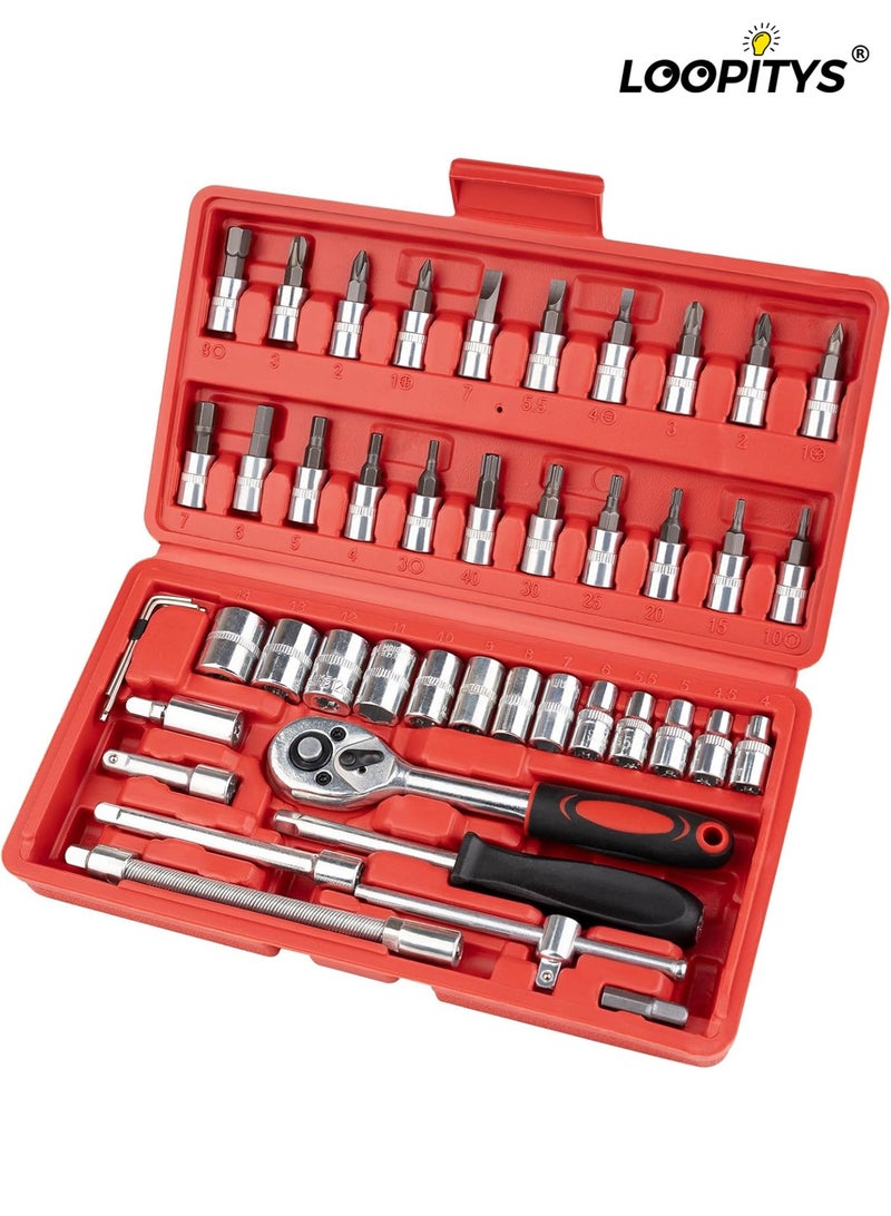 LOOPITYS 46PCS Small Drive Socket Ratchet Wrench Screwdriver Set, 1/4 Inch Metric Socket and Ratchet Wrench Set with Extension Bar, Upgrade Compact Snap on Ratchet Wrench Sockets Tool Set for Car - Image 1