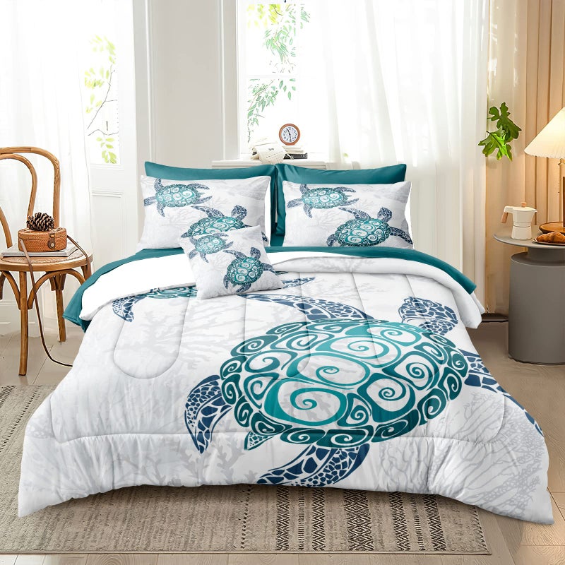 Bedbay Ocean Turtle Bedding Set 8Pcs King Comforter Teal Turquoise Coastal Microfiber Bed in a Bag