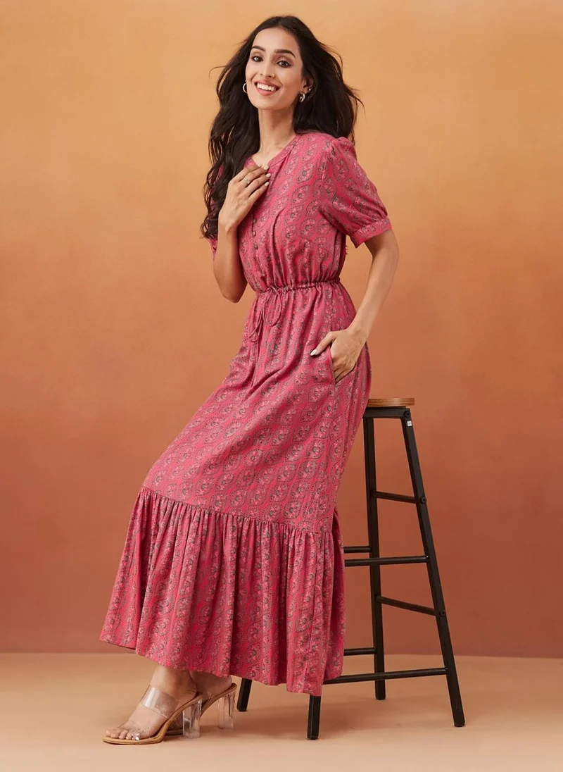 Fabindia Pink Cotton Hand Block Printed Maxi