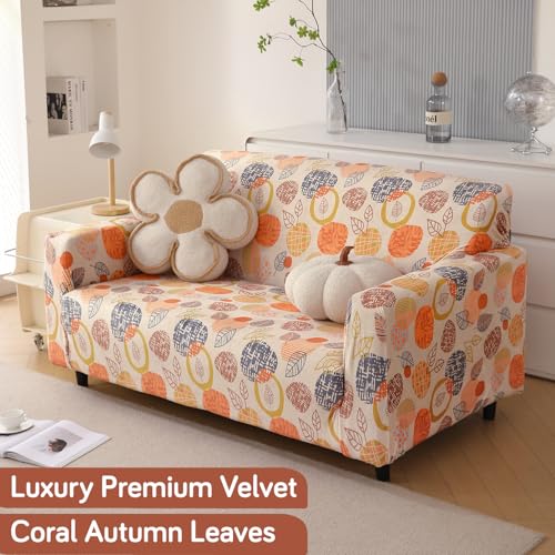 HOKIPO Premium Printed Velvet Sofa Cover 2 Seater Fully Covered, Coral Autumn Leaves (AR-5796-D1) - Image 5