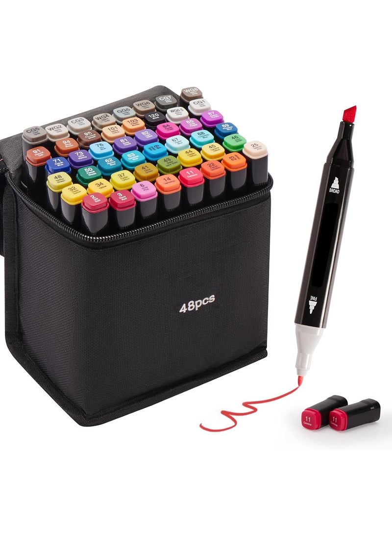 مجموعة ماركر تلوين 48 لون برأس مزدوج – أقلام تلوين ورسم كحولية للأطفال والكبار، مع حقيبة وحامل، مثالية للرسم، التلوين، التلوين الفني والمانجا والمشاريع الإبداعية - Image 1