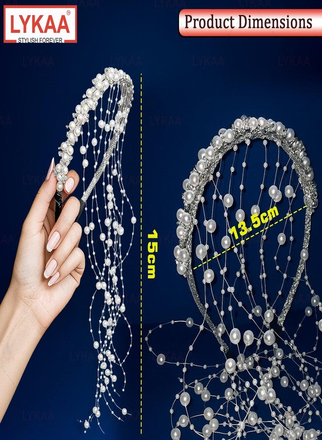 LYKAA Stylish Pearl Hairbands For Women & Girls Rhinestone HeadBands Perfect For Wedding And Party Hair Accessories Bridal Headpiece Set of 1 Hair Bands - Image 2