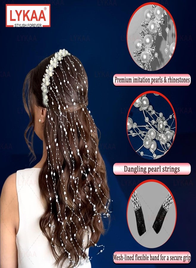 LYKAA Stylish Pearl Hairbands For Women & Girls Rhinestone HeadBands Perfect For Wedding And Party Hair Accessories Bridal Headpiece Set of 1 Hair Bands - Image 3
