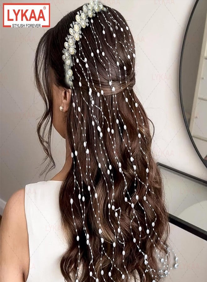 LYKAA Stylish Pearl Hairbands For Women & Girls Rhinestone HeadBands Perfect For Wedding And Party Hair Accessories Bridal Headpiece Set of 1 Hair Bands - Image 4