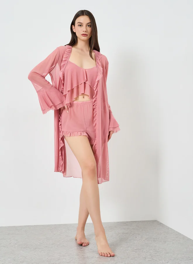 Take Two Pack of 3 - Ruffle Hem Detail Mesh Camisole with Shorts and Robe Set