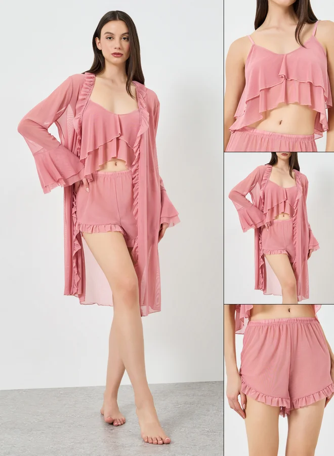 Take Two Pack of 3 - Ruffle Hem Detail Mesh Camisole with Shorts and Robe Set