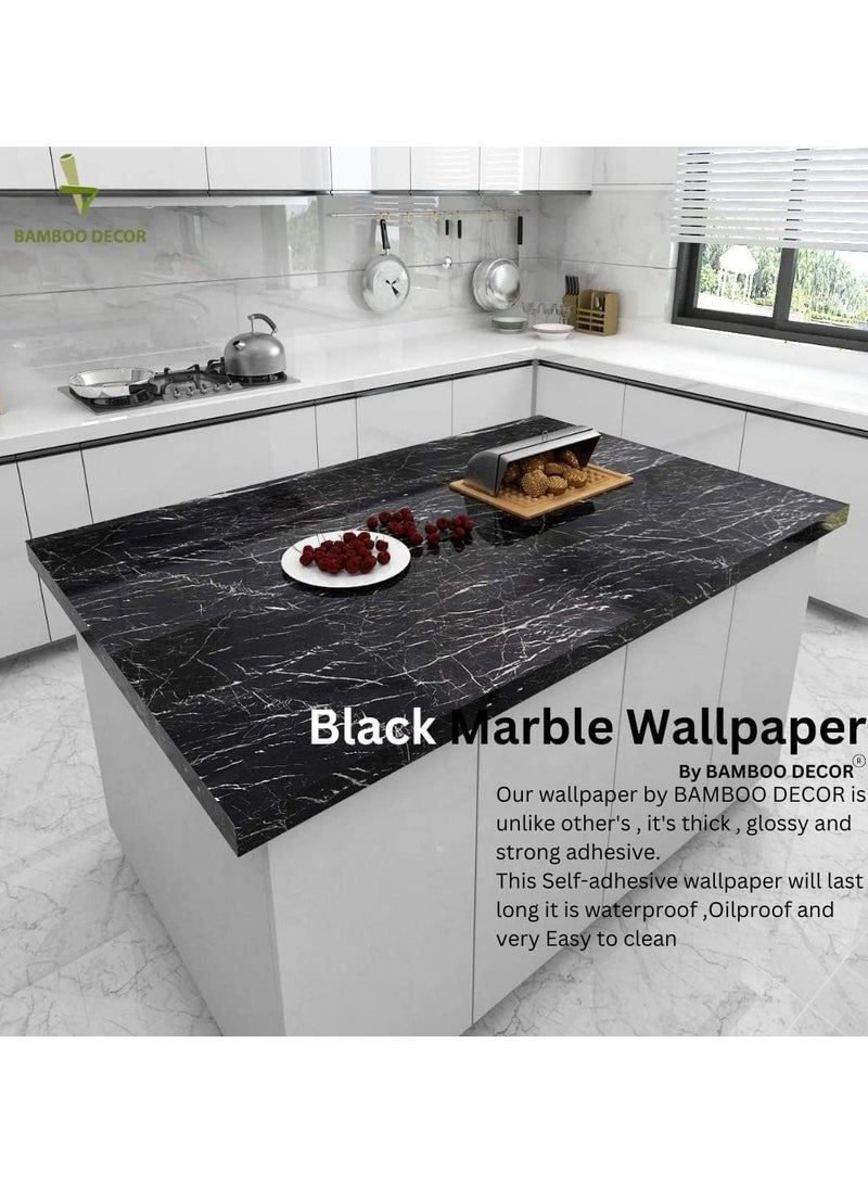 Bamboo Decor | Self Adhesive Wallpaper Peel & Stick Extra Thickened  Water-resistant Moist-proof Wall Decoration for Living room -Kitchen -Bedroom -Bathroom-office (Black Marble, 60 x 400 CM) - Image 2