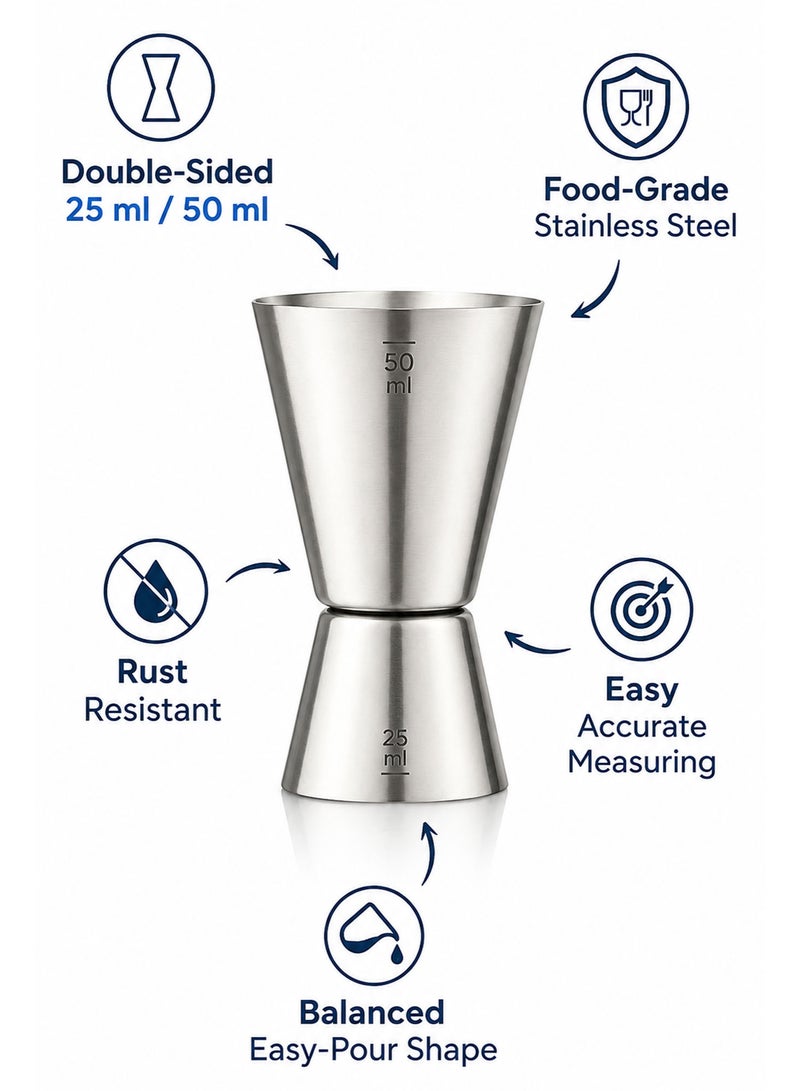 Stainless Steel Double-Sided Cocktail Jigger – Professional Bar Measuring Cup, Dual Shot Measure for Cocktails, Spirits, Whiskey, Vodka & Mixology (25/50 ML) - Image 3