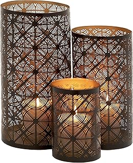 Deco 79 Metal Geometric Pillar Candle Lantern, Set of 3 12", 10", 6"H, Dark Brown - Image 1