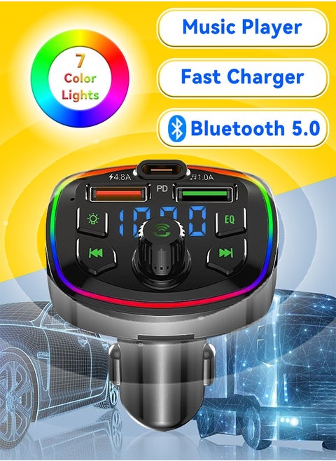 Car Bluetooth Adapter - Car Fast Charger - MP3 Music Player - Built-in Colored Lights - Wireless Radio Adapter- FM Transmitter - Car Kit - Car Accessories - Support USB Disk, TF Card