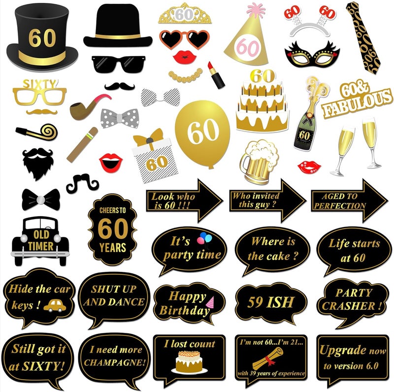Konsait 60th Birthday Party Photo Booth Props 51Count for Her Him 60th Birthday Gold and Black Decorations Konsait Big 60 Birthday Party Supplies for Men and Women - Image 2