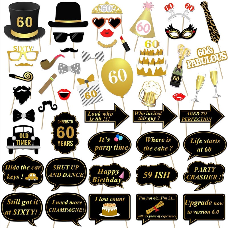 Konsait 60th Birthday Party Photo Booth Props 51Count for Her Him 60th Birthday Gold and Black Decorations Konsait Big 60 Birthday Party Supplies for Men and Women - Image 1