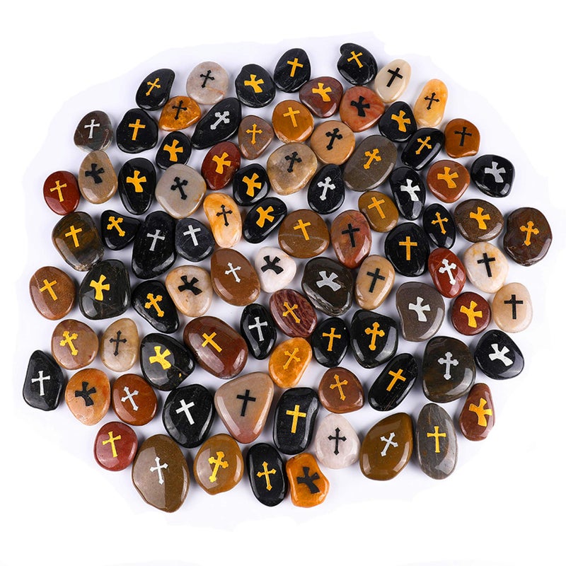 ROCKIMPACT 100PCS Cross Engraved Rocks Inspirational Stones Clinging Cross Heavenly Blessings Gifts Faith Stones Novelty Gratitude Rocks Healing Prayer Stones Encouragement Rocks Wholesale 23 ea