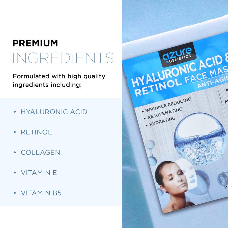 Azure Cosmetics Hyaluronic Acid & Retinol Face Mask - Dermatologist Tested - Rejuvenating & Hydrating Sheet Mask - Reduce Fine Lines & Wrinkles, Smooths & Repairs - Korean Skin Care - Pack of 5 - Image 3