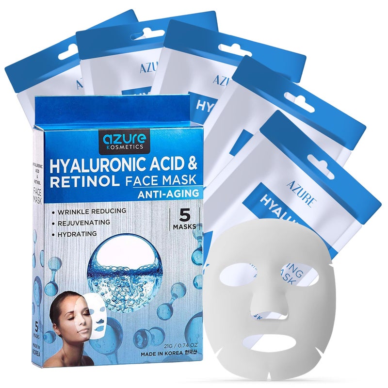 Azure Cosmetics Hyaluronic Acid & Retinol Face Mask - Dermatologist Tested - Rejuvenating & Hydrating Sheet Mask - Reduce Fine Lines & Wrinkles, Smooths & Repairs - Korean Skin Care - Pack of 5 - Image 1