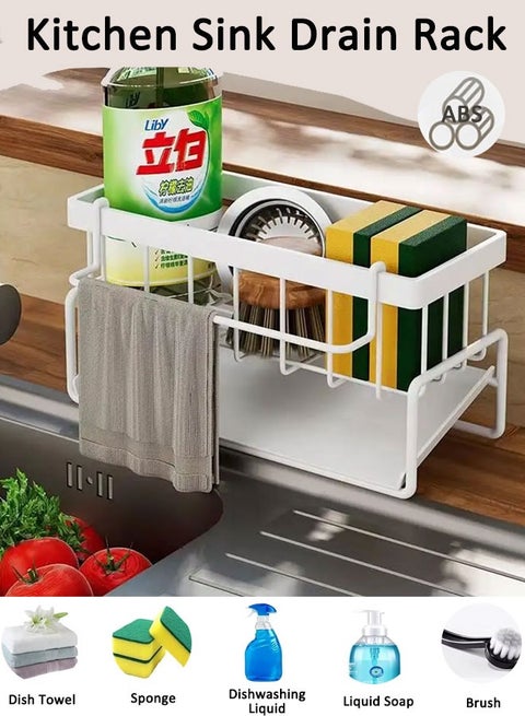 Kitchen Sink Drain Rack Sponge Holder for Kitchen Sink with Stainless Steel Auto Drain Tray Self Drain Dish for Kitchen Countertop Storage Gadgets Accessories（White with Towel Rack）