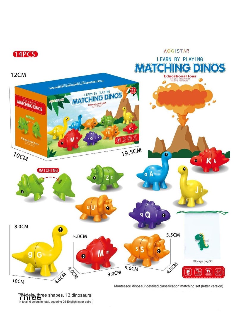 لعبة مطابقة الحروف الأبجدية ذات الوجهين، 14 قطعة من لعبة مطابقة الحروف الأبجدية على شكل ديناصور مع أحرف كبيرة وصغيرة، ألعاب تعليمية لمرحلة ما قبل المدرسة من مونتيسوري للأطفال الصغار من الأولاد والبنات - Image 1