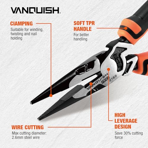Vanquish 8 Inch Long Needle Nose Pliers High-Leverage Wire Cutters with Comfort Grip Handle (3168) - Image 3