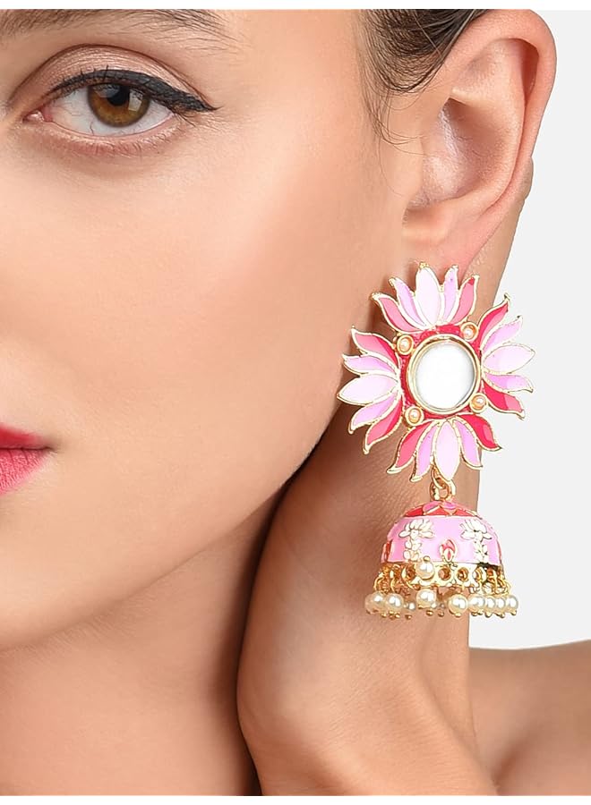 erorex Pink Lotus Meenakari Traditional Jhumki Earring For Women Zpfk9983 Onesize  - Image 2