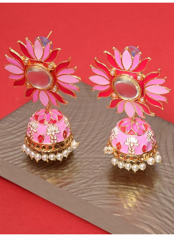erorex Pink Lotus Meenakari Traditional Jhumki Earring For Women Zpfk9983 Onesize  - Image 3