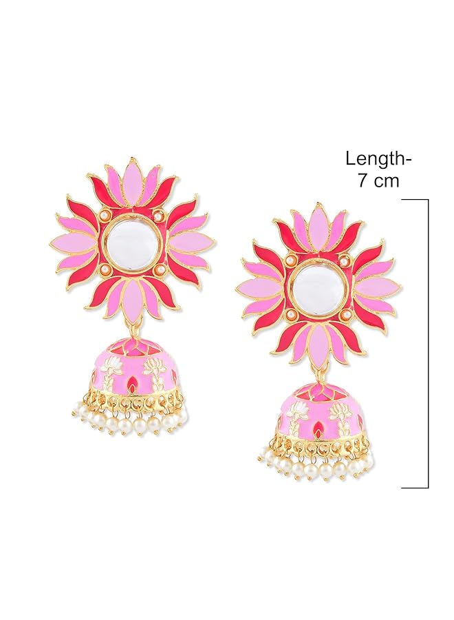 erorex Pink Lotus Meenakari Traditional Jhumki Earring For Women Zpfk9983 Onesize  - Image 4